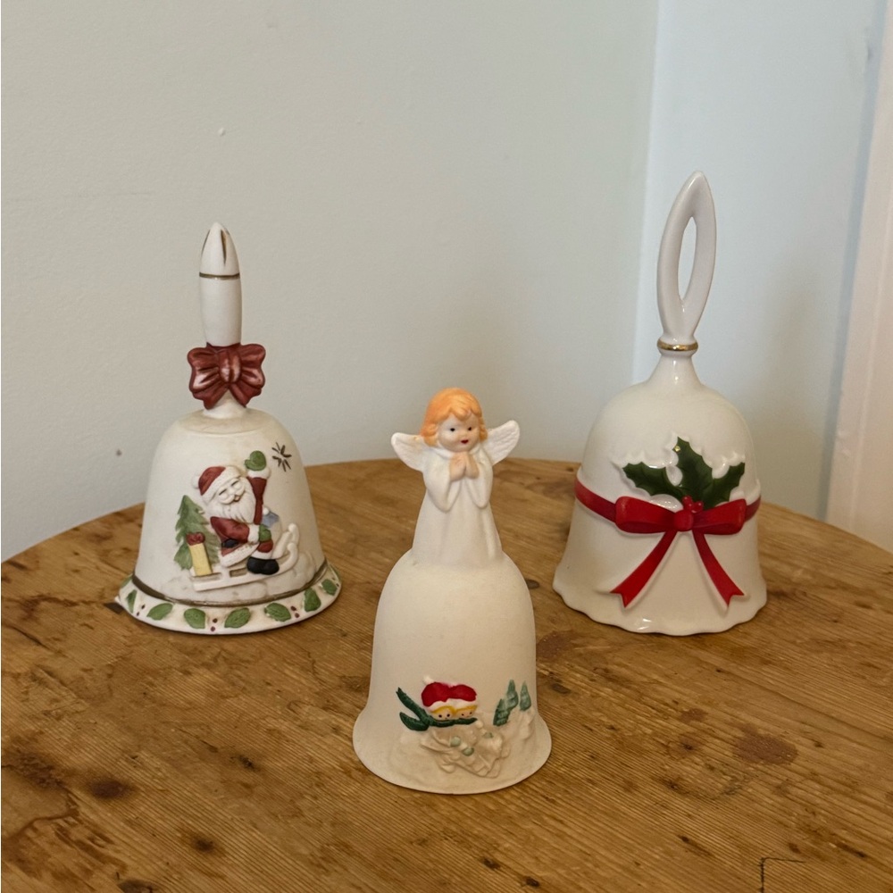 Holiday Ceramic Bell Set - White with Festive Designs